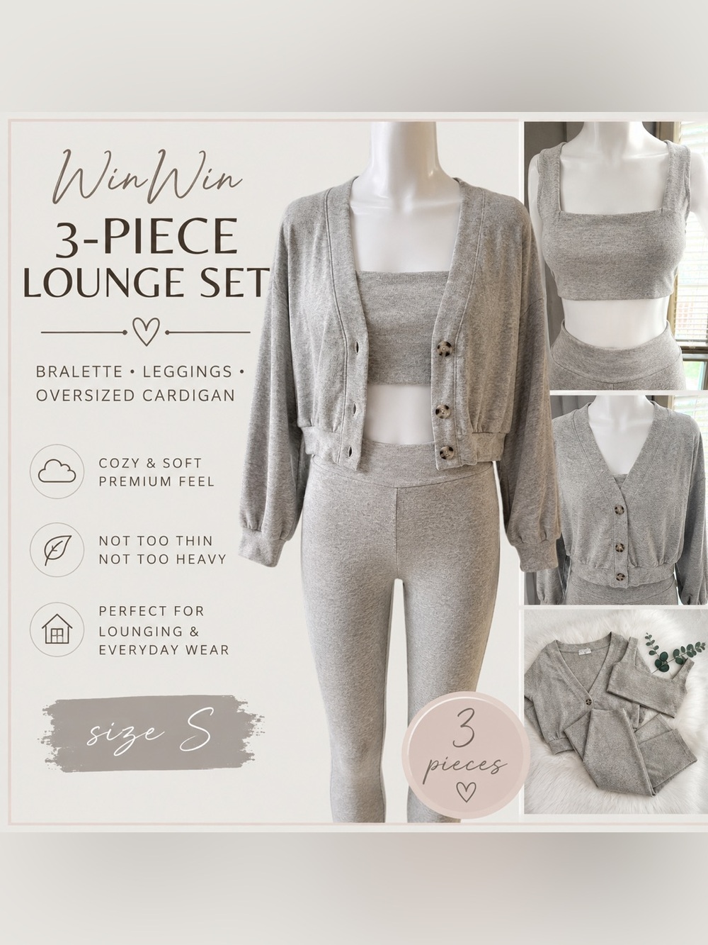WinWin 3 Piece Grey Lounge Set | Bralette, Leggings, Cardigan| NWOT, Size Small